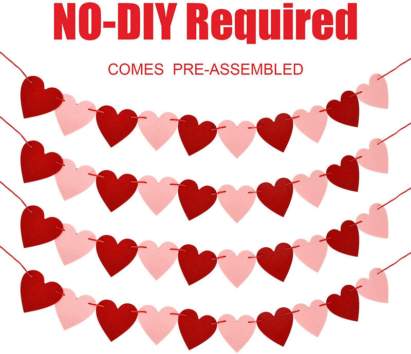 Valentines Day Decoration-3.9 Inches Valentine'S Day Decor Heart Banner Pink&Red Pack of 40 NO DIY Valentine'S Day Heart Felt Garland for Valentines Day Anniversary Wedding Party Supplies Decorations