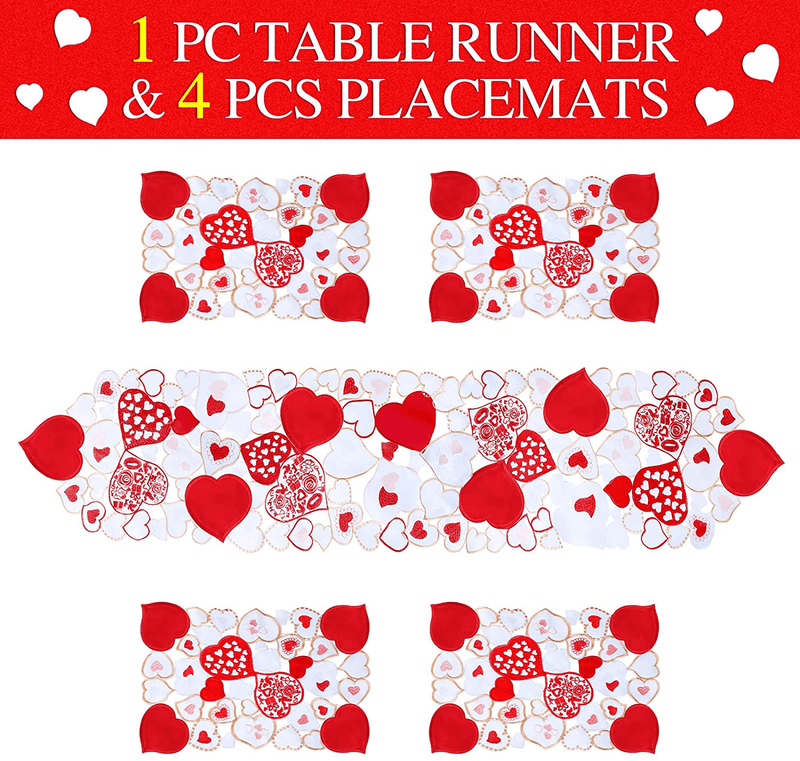 Valentines Day Decorations Table Runner Red Table Runner Lace Table Runner 4 Pcs Placemats Embroidered Love Heart Table Runner for Wedding, Engagements, Romantic Events or Parties, 15 X 69 Inch