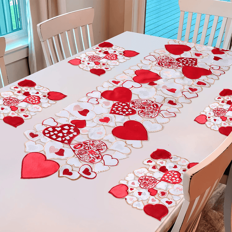 Valentines Day Decorations Table Runner Red Table Runner Lace Table Runner 4 Pcs Placemats Embroidered Love Heart Table Runner for Wedding, Engagements, Romantic Events or Parties, 15 X 69 Inch Home & Garden > Decor > Seasonal & Holiday Decorations Tatuo   