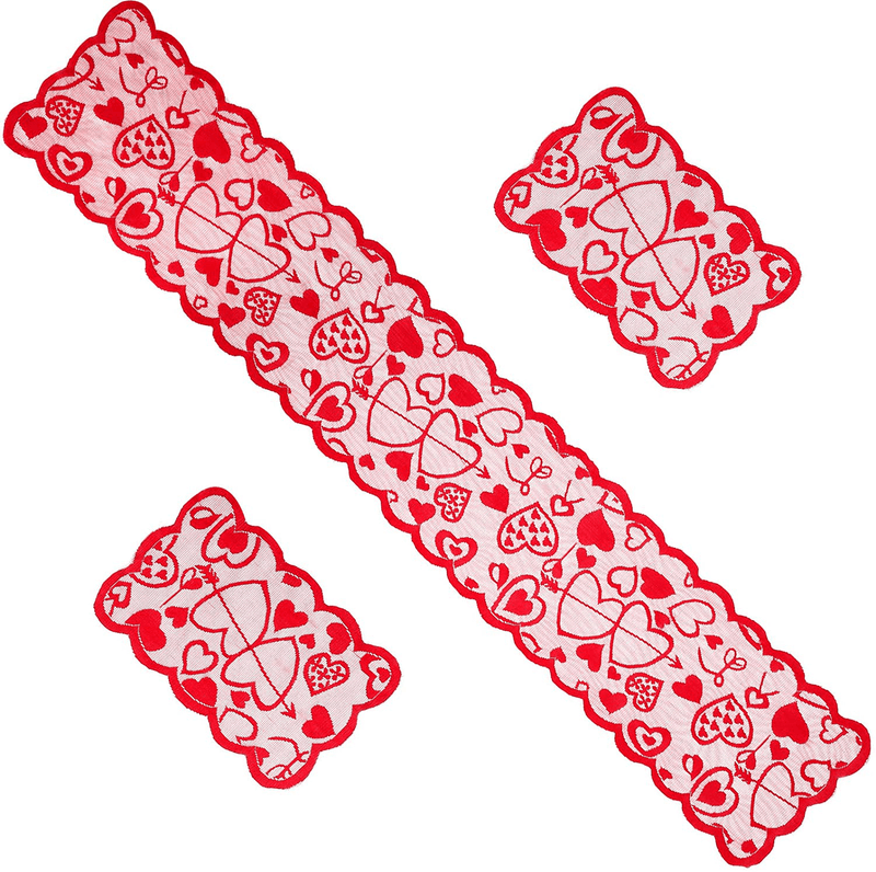 Valentines Day Decorations Valentines Day Table Runner Set, 2 Set Valentines Day Placemats and Home Heart Love-Heart Pattern Lace Festival Table Runner Decor for Valentines Day Dating Wedding Party Home & Garden > Decor > Seasonal & Holiday Decorations Blulu   