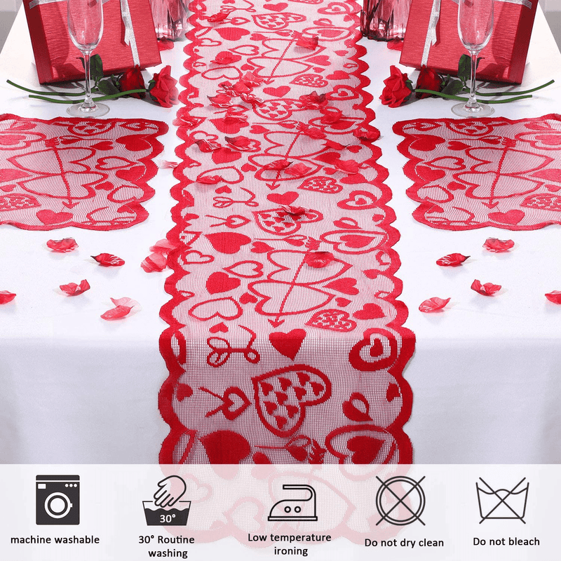 Valentines Day Decorations Valentines Day Table Runner Set, 2 Set Valentines Day Placemats and Home Heart Love-Heart Pattern Lace Festival Table Runner Decor for Valentines Day Dating Wedding Party