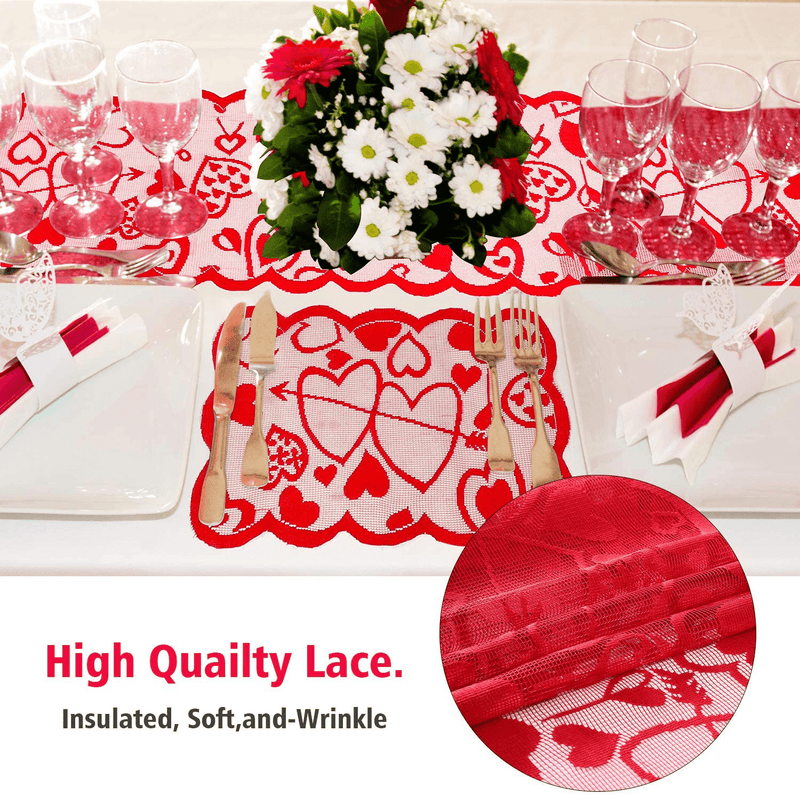 Valentines Day Decorations Valentines Day Table Runner Set, 2 Set Valentines Day Placemats and Home Heart Love-Heart Pattern Lace Festival Table Runner Decor for Valentines Day Dating Wedding Party