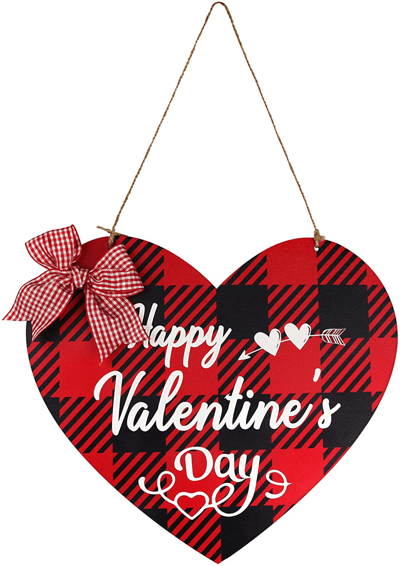 Valentines Day Door Sign - Happy Valentines Day Sign Farmhouse Decor - Valentines Day Decor Front Door Decor - Red and Black Buffalo Check Plaid Wall Plaque- Valentines Day Decorations for Home Home & Garden > Decor > Seasonal & Holiday Decorations Lairyan   