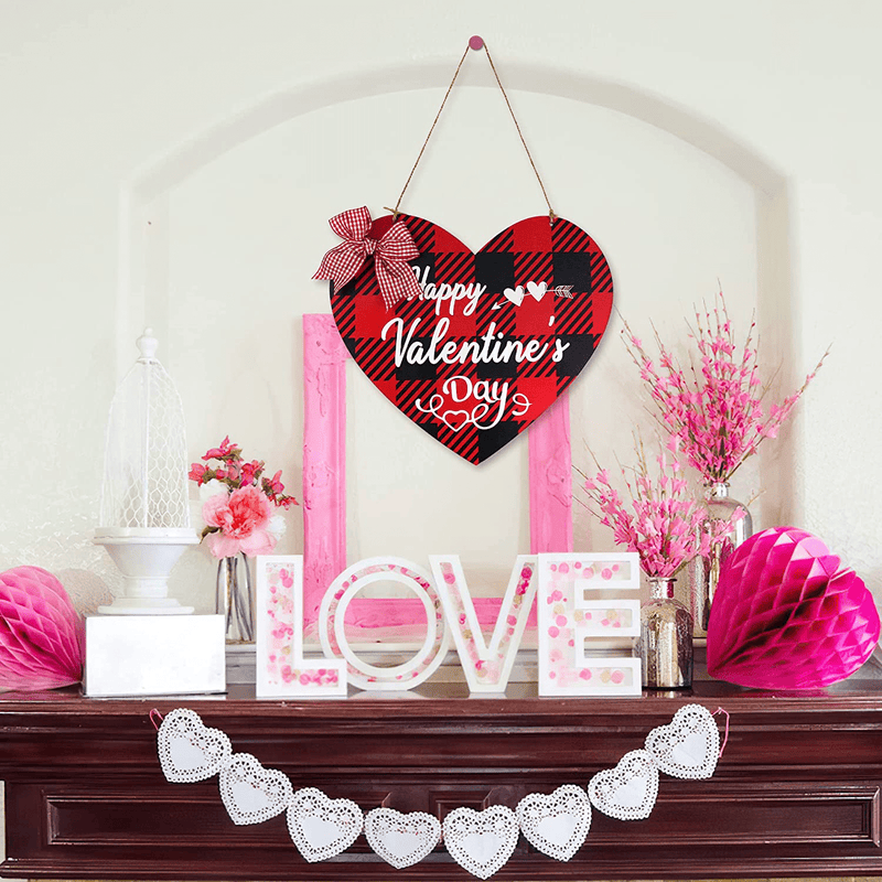 Valentines Day Door Sign - Happy Valentines Day Sign Farmhouse Decor - Valentines Day Decor Front Door Decor - Red and Black Buffalo Check Plaid Wall Plaque- Valentines Day Decorations for Home