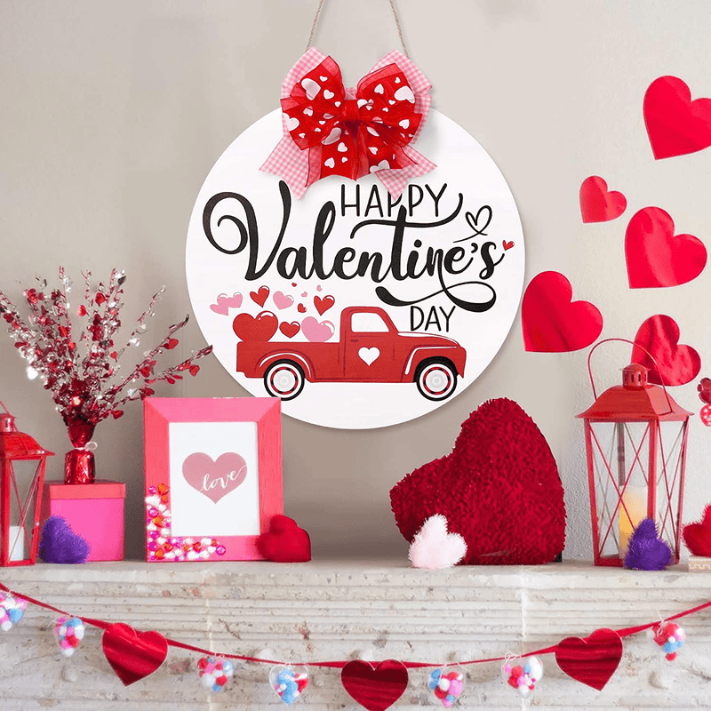 Valentines Day Door Sign Happy Valentines Day Wooden Decor Farmhouse round Hanger Red Heart Truck Front Wall Sign Rustic Holiday Romantic Home Decoration Festive Ornament Ideas Supplies 12 Inches Home & Garden > Decor > Seasonal & Holiday Decorations Huray Rayho   