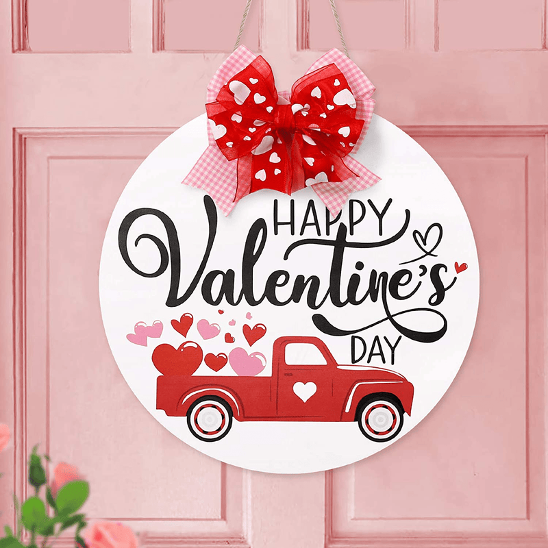 Valentines Day Door Sign Happy Valentines Day Wooden Decor Farmhouse round Hanger Red Heart Truck Front Wall Sign Rustic Holiday Romantic Home Decoration Festive Ornament Ideas Supplies 12 Inches