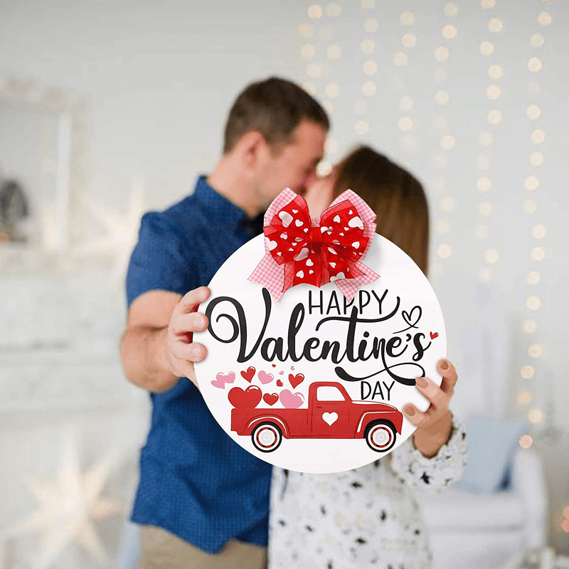 Valentines Day Door Sign Happy Valentines Day Wooden Decor Farmhouse round Hanger Red Heart Truck Front Wall Sign Rustic Holiday Romantic Home Decoration Festive Ornament Ideas Supplies 12 Inches Home & Garden > Decor > Seasonal & Holiday Decorations Huray Rayho   