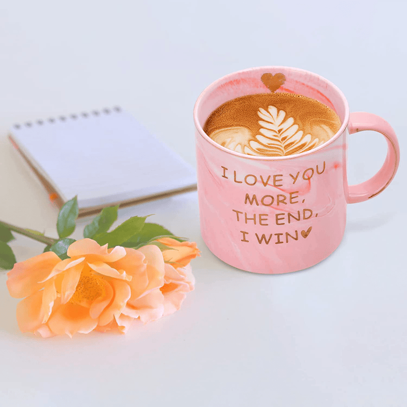 Valentines Day Gifts for Her Him Women Men-12 Oz Marble Pink Coffee Funny Gifts Mug,Mothers Day Christmas Anniversary Birthday Gifts for Her Girlfriend Him Wife Print I Love You More the End I Win