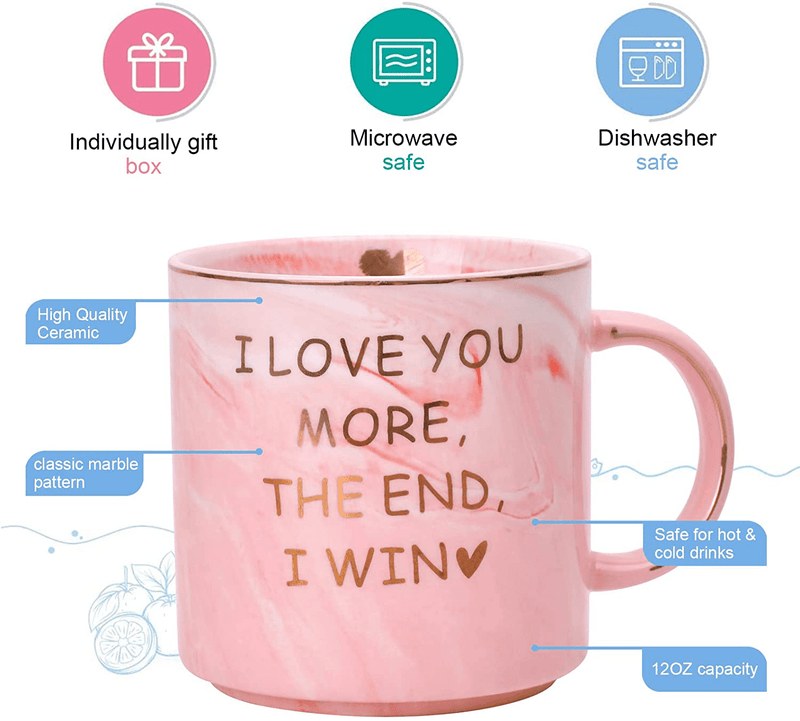 Valentines Day Gifts for Her Him Women Men-12 Oz Marble Pink Coffee Funny Gifts Mug,Mothers Day Christmas Anniversary Birthday Gifts for Her Girlfriend Him Wife Print I Love You More the End I Win