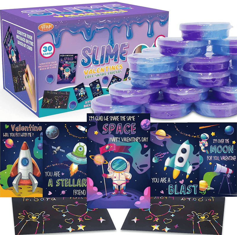 Valentines Day Gifts for Kids 30 PACK Galaxy Slime and Valentine Cards Rainbow Strach Cards Valentine Party Favor Classroom Exchange Prizes Valentine'S Greeting Cards for Boys and Girls Home & Garden > Decor > Seasonal & Holiday Decorations ATFUNSHOP   