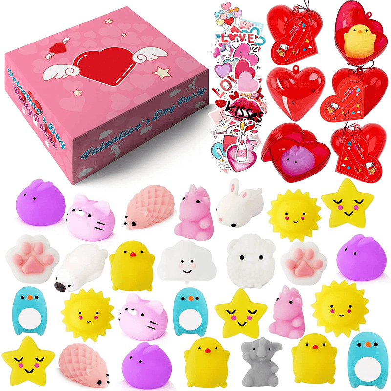 Valentines Day Gifts for Kids, Valentines Day Cards for Kids, 28 Packs Hearts Filled Mochi Squishy with Cards Stress Relief Toys for Boys Girls Class School Classroom Party Favors Exchange Gifts Home & Garden > Decor > Seasonal & Holiday Decorations ANOTION Hearts Filled Mochi Squishy with Cards  