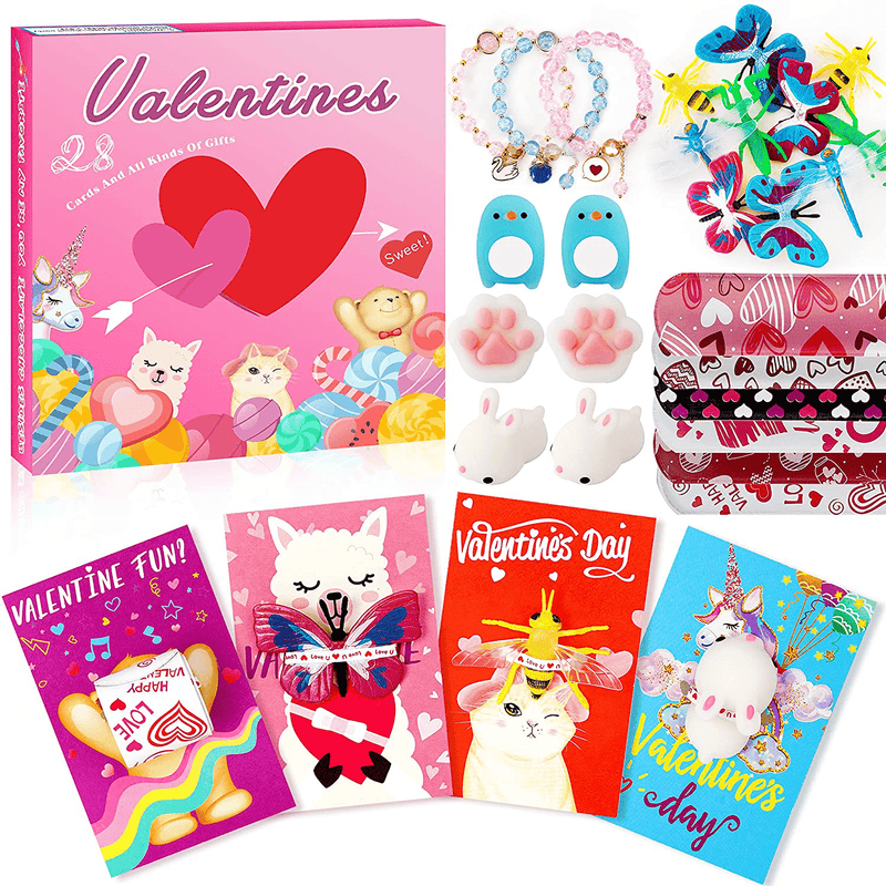 Valentines Day Gifts for Kids, Valentines Day Cards for Kids, 28 Packs Hearts Filled Mochi Squishy with Cards Stress Relief Toys for Boys Girls Class School Classroom Party Favors Exchange Gifts Home & Garden > Decor > Seasonal & Holiday Decorations ANOTION Valentines Cards w different types of toys  