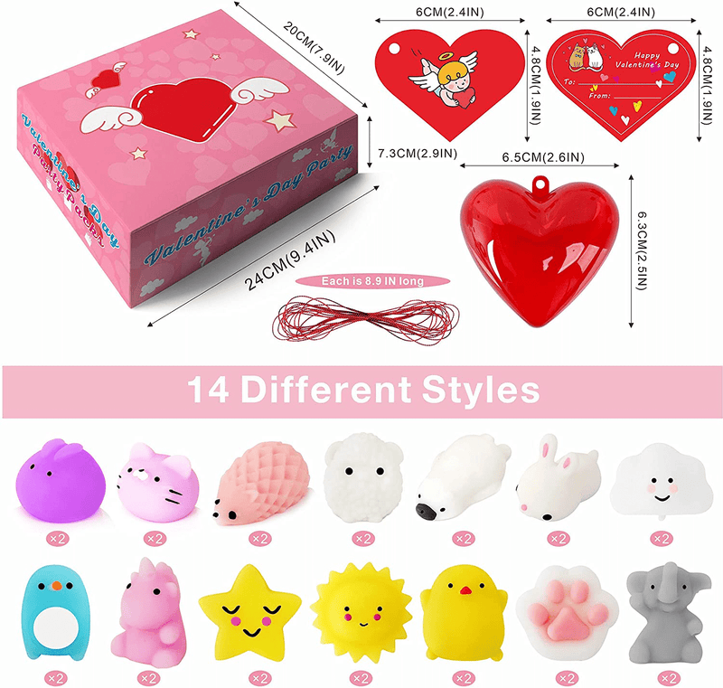 Valentines Day Gifts for Kids, Valentines Day Cards for Kids, 28 Packs Hearts Filled Mochi Squishy with Cards Stress Relief Toys for Boys Girls Class School Classroom Party Favors Exchange Gifts