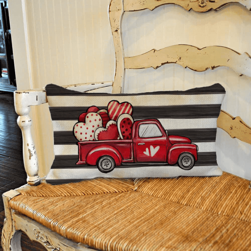 Valentines Day Pillow Cover 12X20 Inch Farmhouse Valentines Day Decor for Home Red Truck Love Heart Valentine Pillows Decorative Throw Pillows Valentines Day Decorations A484-12 Home & Garden > Decor > Seasonal & Holiday Decorations AENEY   