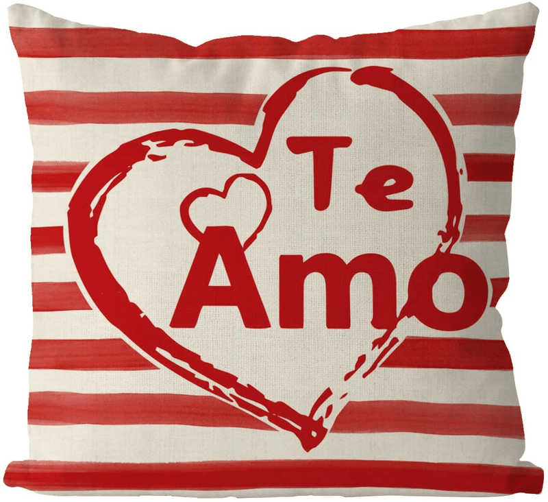 Valentines Day Pillow Covers 18 X 18 Inch Te Amo I Love You in Spanish Red Heart Stripes Home Sofa Throw Pillowcase Cushion Case Signo De Regalo Holiday Decor Home & Garden > Decor > Chair & Sofa Cushions GAGEC   
