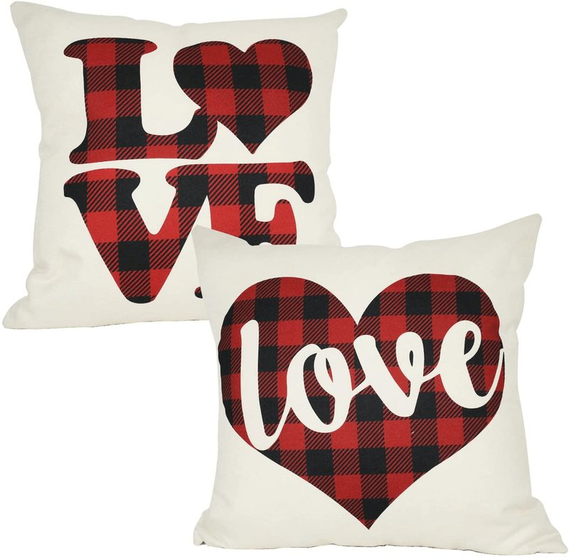 Valentines Day Pillow Covers 18X18 Inch Set of 2 Heart Pillow Valentines Day Decor Red Black Buffalo Check Heart Love Decor Valentines Day Throw Pillows Decorative Cushion Cases (Style A) Home & Garden > Decor > Chair & Sofa Cushions Cupohus Style a  