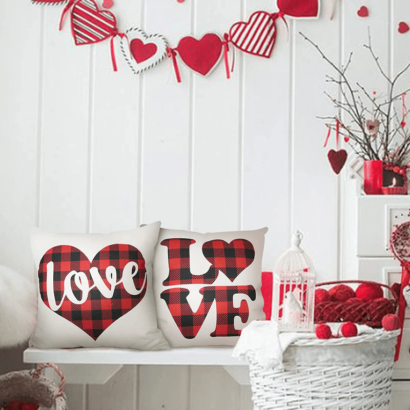 Valentines Day Pillow Covers 18X18 Inch Set of 2 Heart Pillow Valentines Day Decor Red Black Buffalo Check Heart Love Decor Valentines Day Throw Pillows Decorative Cushion Cases (Style A) Home & Garden > Decor > Chair & Sofa Cushions Cupohus   