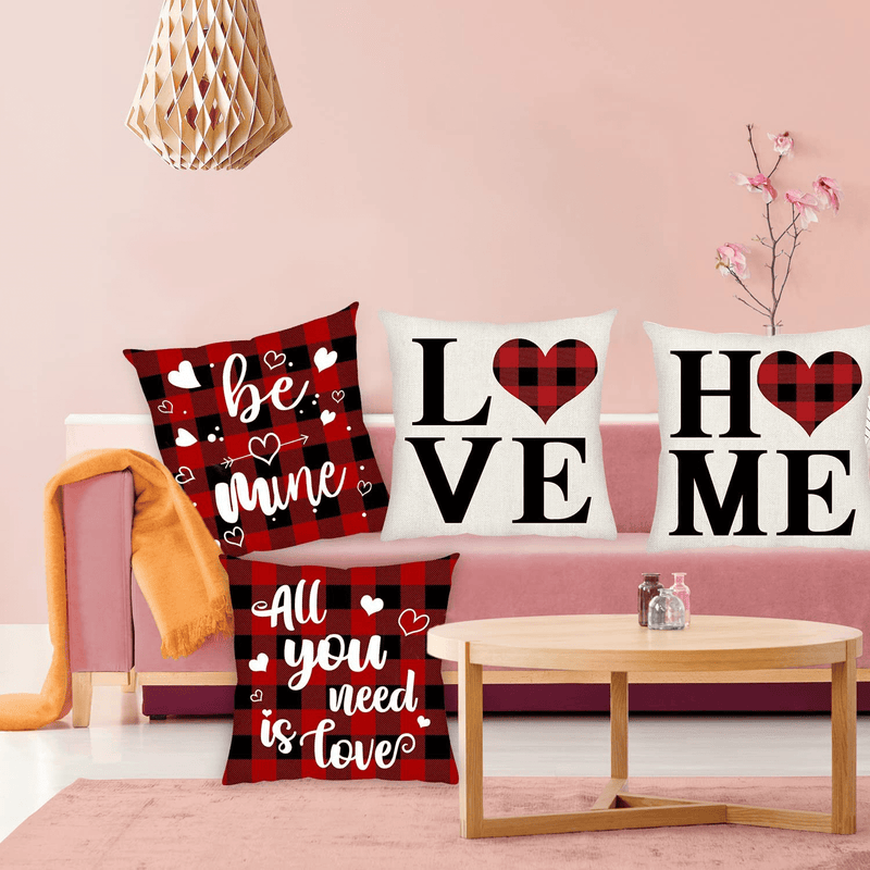 Valentines Day Pillow Covers 18X18 Set of 4, Valentines Day Decor Buffalo Plaid Red Love Heart Decorative Throw Pillow Covers Farmhouse Valentines Day Decorations for the Home Decor Gifts for Women Home & Garden > Decor > Seasonal & Holiday Decorations AKIT   