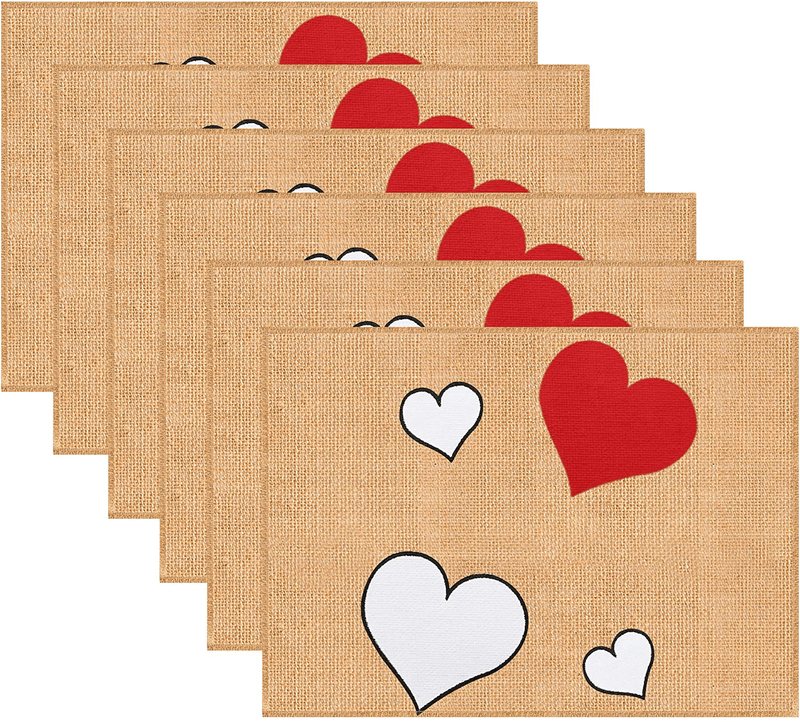Valentines Day Placemats Set of 6 Valentines Day Table Decor - 12 X 18 Inch Rustic Burlap Valentines Love Heart Placemats Table Mats Decor for Kitchen Dining Table Home Decorations Home & Garden > Decor > Seasonal & Holiday Decorations Mosoan   