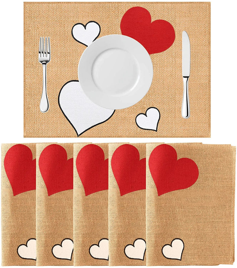 Valentines Day Placemats Set of 6 Valentines Day Table Decor - 12 X 18 Inch Rustic Burlap Valentines Love Heart Placemats Table Mats Decor for Kitchen Dining Table Home Decorations Home & Garden > Decor > Seasonal & Holiday Decorations Mosoan   