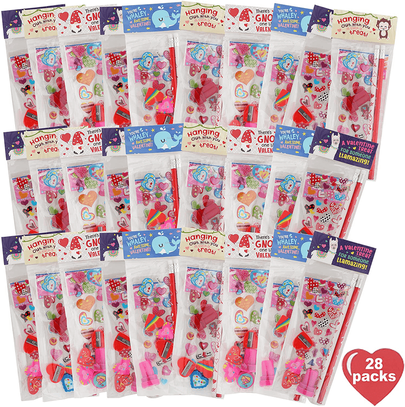 Valentines Day Stationery, Kids Party Favor Sets and Valentines Gifts for Kids Students and Classmates – Each Includes 2 Pencils, 2 Erasers, Pre-Inked Stamper and Self-Adhesive Stickers (28 Packs)