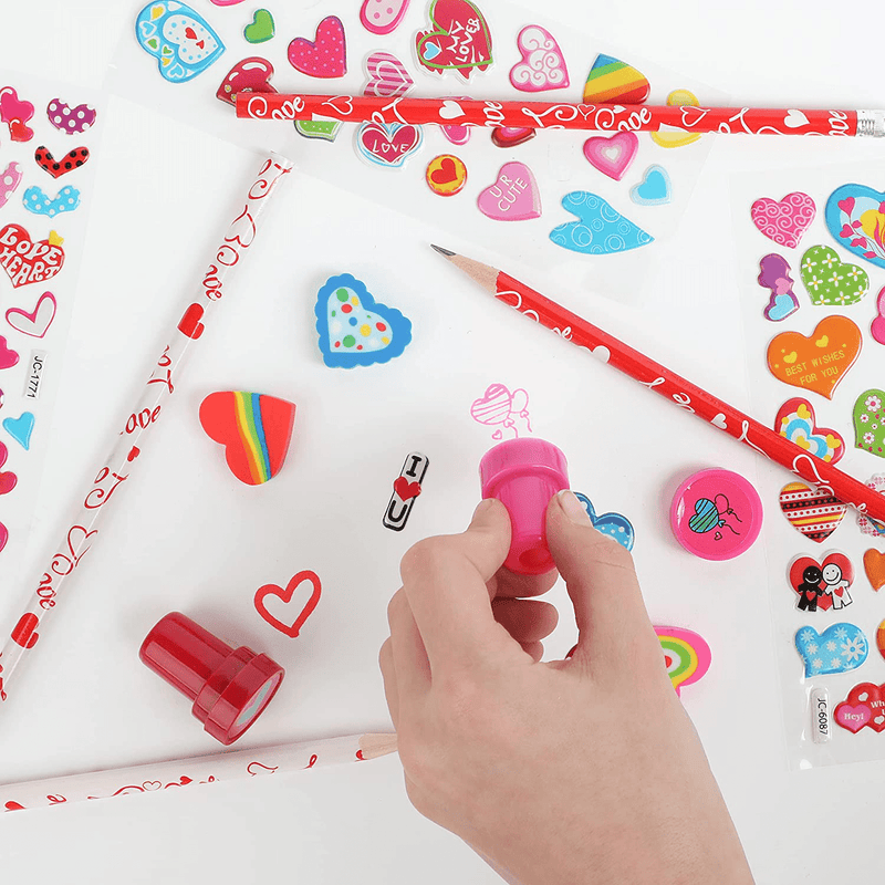 Valentines Day Stationery, Kids Party Favor Sets and Valentines Gifts for Kids Students and Classmates – Each Includes 2 Pencils, 2 Erasers, Pre-Inked Stamper and Self-Adhesive Stickers (28 Packs)