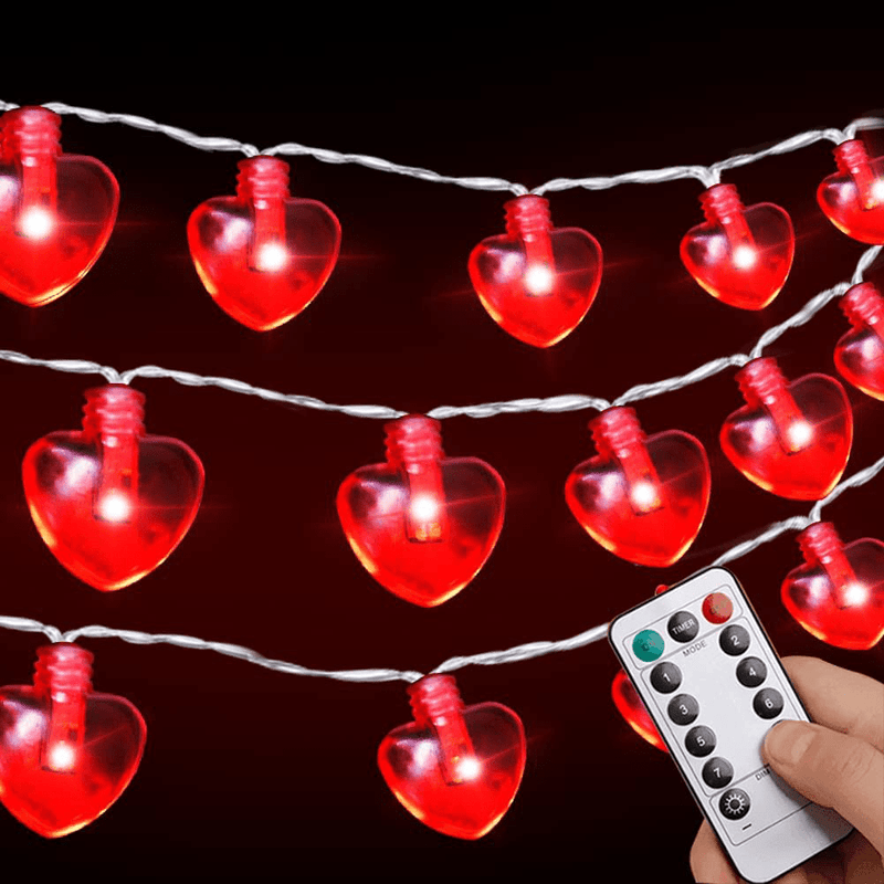 Valentines Day String Lights 13FT 40LED Red Heart Shaped Valentines Decoration Fairy Lights Battery Operated with 8 Mode Timer Remote Waterproof for Outdoor Indoor Bedroom Anniversary Wedding Party Home & Garden > Decor > Seasonal & Holiday Decorations OVV   