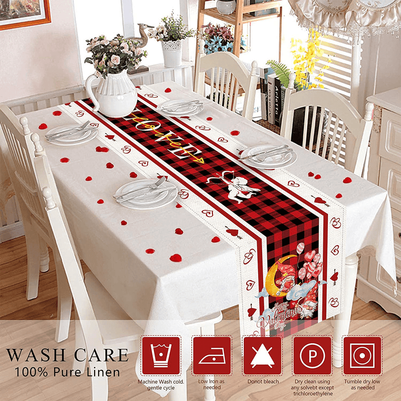 Valentines Day Table Runner 13X72 Inch with Red Buffalo Plaid, Happy Gnome Couple Lovers for Kitchen Table Decor, Holiday Luxury Heart Love Cupid Burlap Cloth Dining Table Runner Home & Garden > Decor > Seasonal & Holiday Decorations pinata   