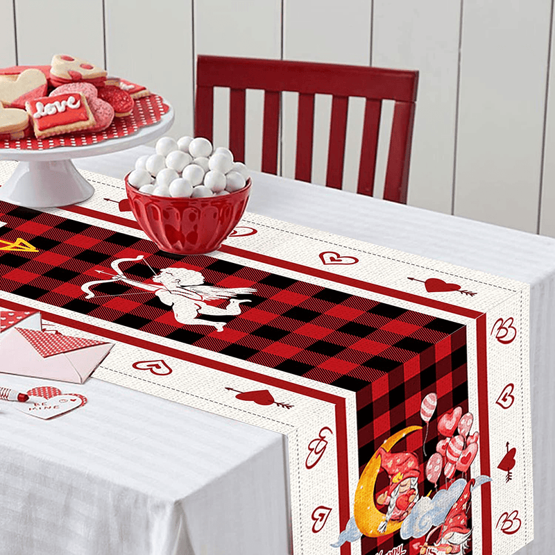 Valentines Day Table Runner 13X72 Inch with Red Buffalo Plaid, Happy Gnome Couple Lovers for Kitchen Table Decor, Holiday Luxury Heart Love Cupid Burlap Cloth Dining Table Runner Home & Garden > Decor > Seasonal & Holiday Decorations pinata   
