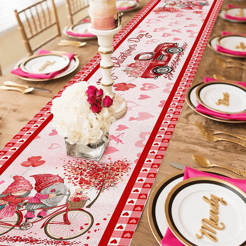 Valentines Day Table Runner 72 Inch Long, Happy Valentine'S Day Red Truck Burlap Table Runners, Valentine Gnomes by Bike Love Hearts Pink Small Dresser Table Cloth Decorations for Home Dining Room Home & Garden > Decor > Seasonal & Holiday Decorations Bonsai Tree   