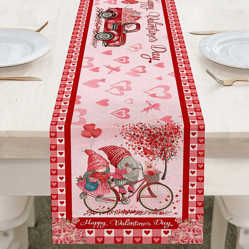 Valentines Day Table Runner 72 Inch Long, Happy Valentine'S Day Red Truck Burlap Table Runners, Valentine Gnomes by Bike Love Hearts Pink Small Dresser Table Cloth Decorations for Home Dining Room Home & Garden > Decor > Seasonal & Holiday Decorations Bonsai Tree Valentines 2022 13"x72" 