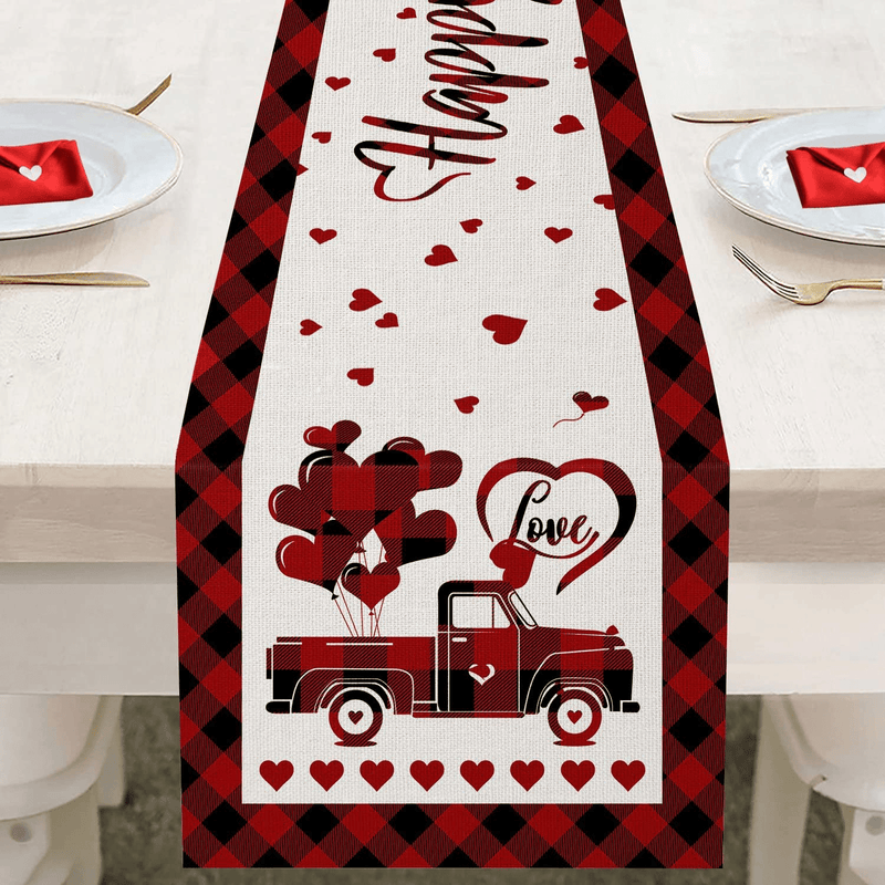 Valentines Day Table Runner, Buffalo Love Balloon Truck Table Runner, Happy Valentine'S Day Anniversary Wedding Holiday Kitchen Dining Table Runners for Home Party Decor 13 X 72 Inch Home & Garden > Decor > Seasonal & Holiday Decorations AOKE   
