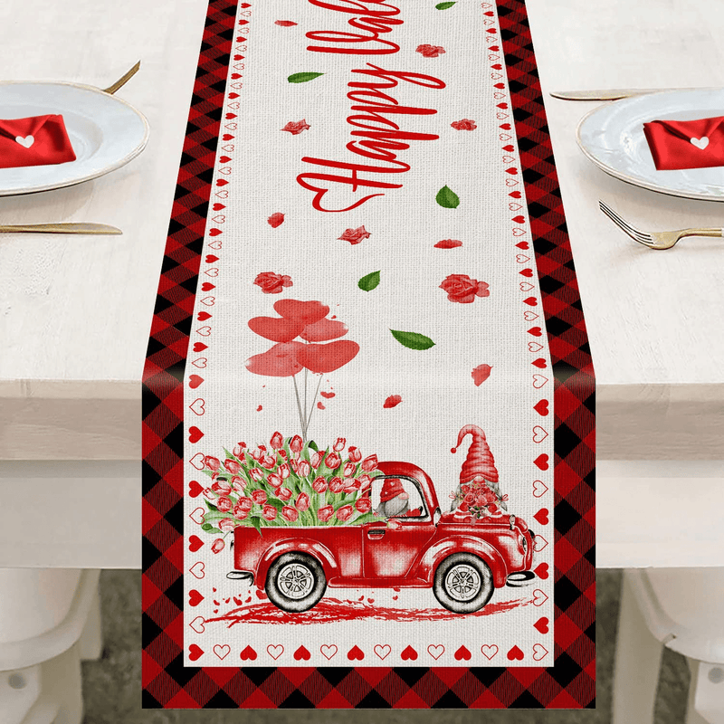 Valentines Day Table Runner, Rustic Truck Flower Valentines Gnomes Runner for Table Decoration, Happy Valentine'S Day Anniversary Wedding Kitchen Table Burlap for Home Party Decor 13 X 72 Inch Home & Garden > Decor > Seasonal & Holiday Decorations AOKE   