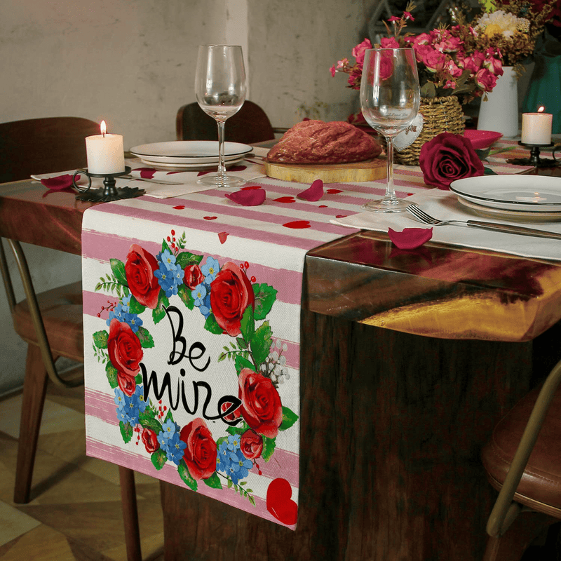 Valentines Day Table Runner, Valentines Table Runner Pink Stripes Rose Flower Wreath Be Mine Valentines Day Decor for Indoor Outdoor Valentines Day Party Dining Table Decor (13" X 72") Home & Garden > Decor > Seasonal & Holiday Decorations Siilues   