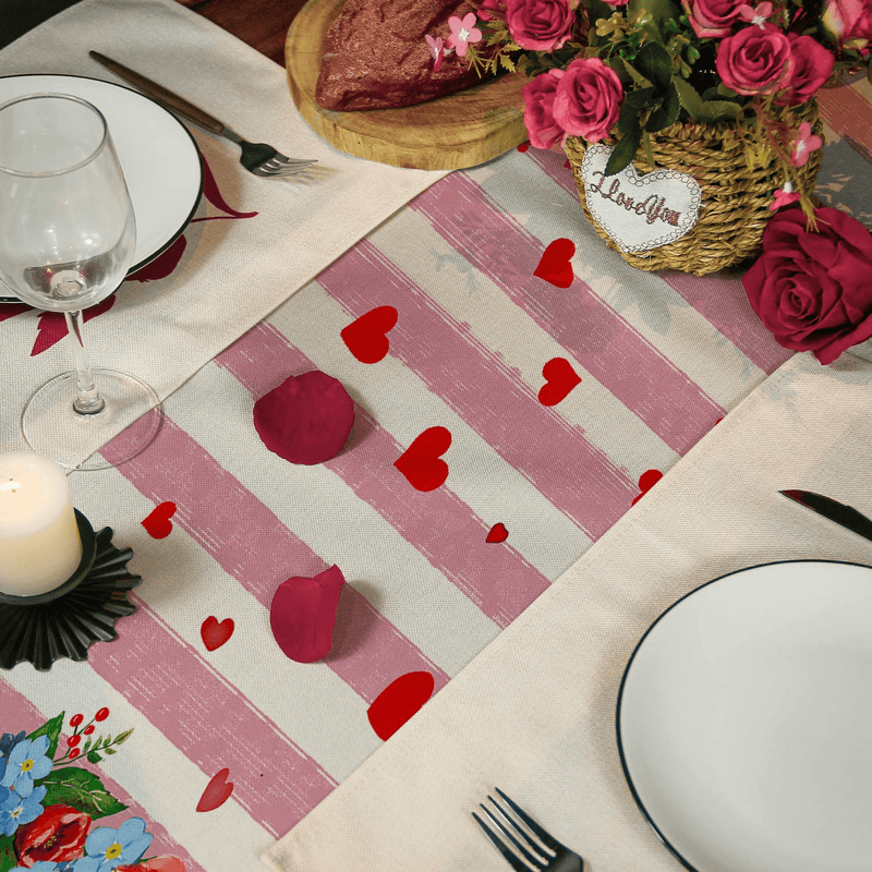 Valentines Day Table Runner, Valentines Table Runner Pink Stripes Rose Flower Wreath Be Mine Valentines Day Decor for Indoor Outdoor Valentines Day Party Dining Table Decor (13" X 72") Home & Garden > Decor > Seasonal & Holiday Decorations Siilues   