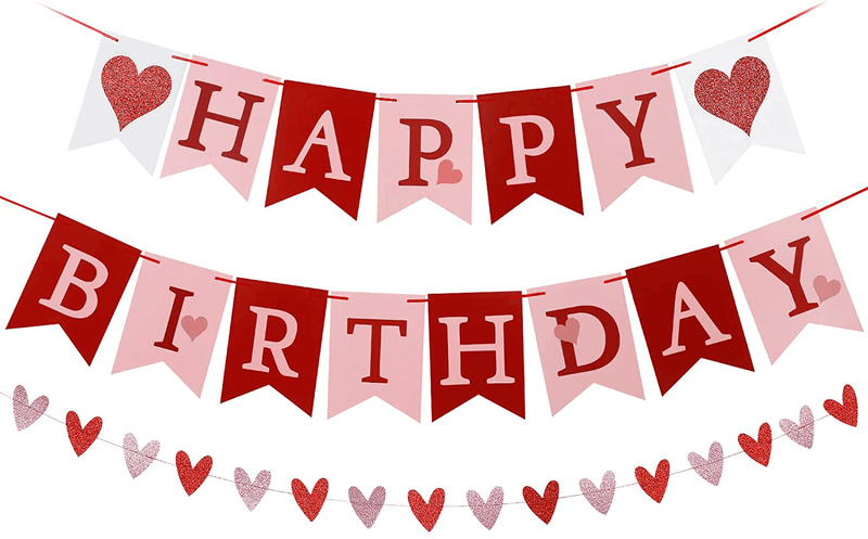 Valentines Happy Birthday Banner and Glitter Heart Garland,Valentines Birthday Decorations,Heart Decorations,Valentines Day Decorations,Valentines Theme Home Indoor Mantel Birthday Party Decoration Supplies Home & Garden > Decor > Seasonal & Holiday Decorations LeeSky   