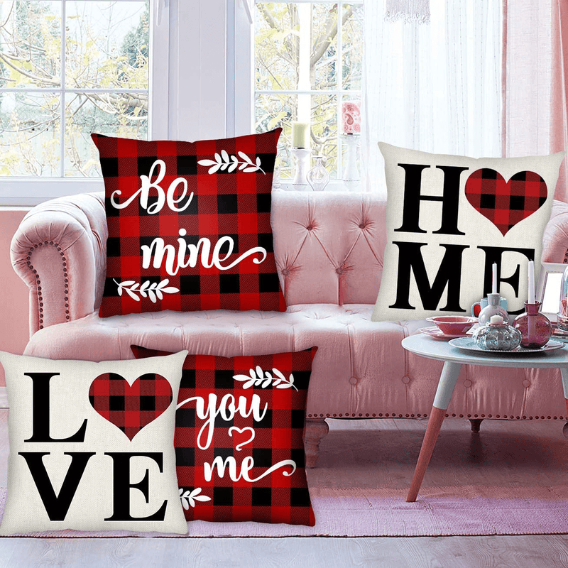 Valentines Pillow Covers 18X18 Set of 4, Valentines Day Decor Throw Pillow Covers, Red Black Buffalo Plaid Cotton Linen Cushion Case for Home Decor Gifts for Him Her, Pillow Cases for Bed Sofa Couch