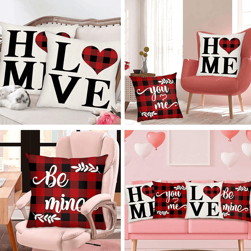Valentines Pillow Covers 18X18 Set of 4, Valentines Day Decor Throw Pillow Covers, Red Black Buffalo Plaid Cotton Linen Cushion Case for Home Decor Gifts for Him Her, Pillow Cases for Bed Sofa Couch Home & Garden > Decor > Seasonal & Holiday Decorations AKIT   