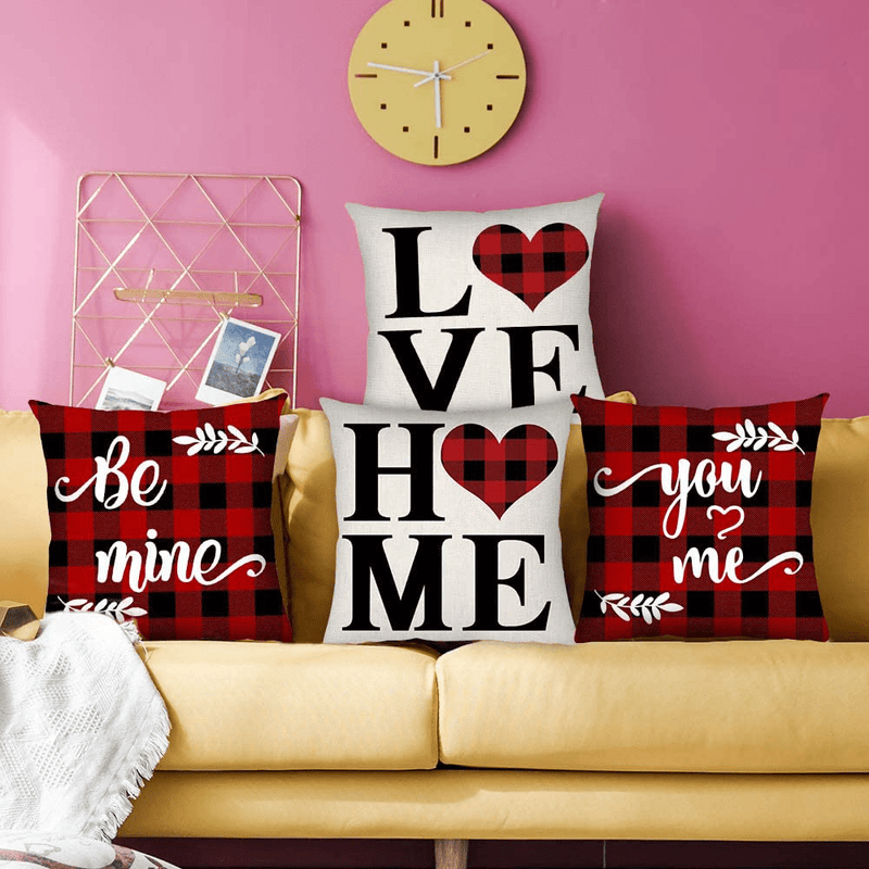Valentines Pillow Covers 18X18 Set of 4, Valentines Day Decor Throw Pillow Covers, Red Black Buffalo Plaid Cotton Linen Cushion Case for Home Decor Gifts for Him Her, Pillow Cases for Bed Sofa Couch