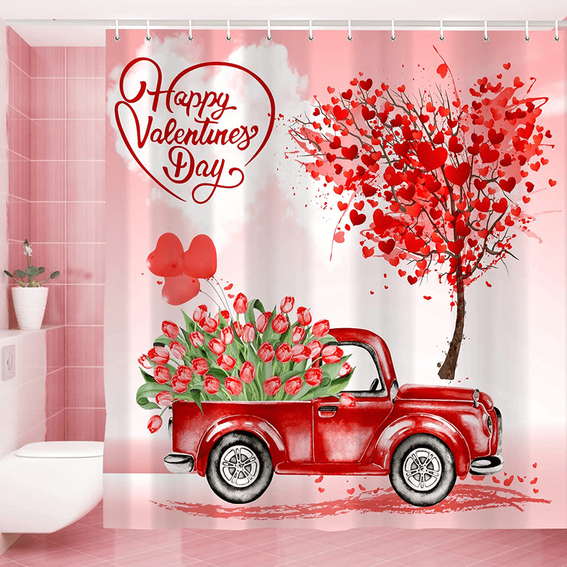 Valentines'S Day Truck Flower Shower Curtain, Happy Valentine'S Day Red Loving Hearts Tree Romantic Shower Curtains for Bathroom Decor, Fabric Waterproof Bath Curtain Sets with Hooks, 72 X 72 Inch Home & Garden > Decor > Seasonal & Holiday Decorations AOKE   