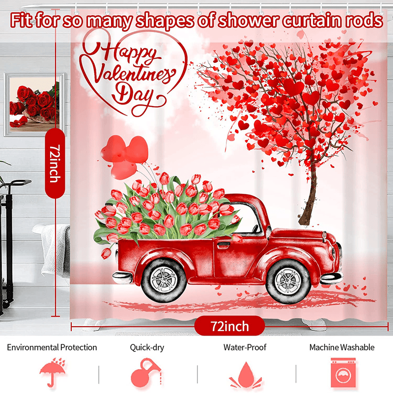 Valentines'S Day Truck Flower Shower Curtain, Happy Valentine'S Day Red Loving Hearts Tree Romantic Shower Curtains for Bathroom Decor, Fabric Waterproof Bath Curtain Sets with Hooks, 72 X 72 Inch Home & Garden > Decor > Seasonal & Holiday Decorations AOKE   