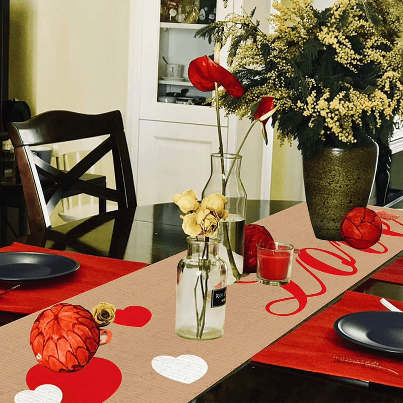 Valentines Table Decorations for Home - Burlap Love Hearts Table Runner 13 X 72 Inches for Valentines Day Anniversary Wedding Rustic Dinner Table Home Decorations