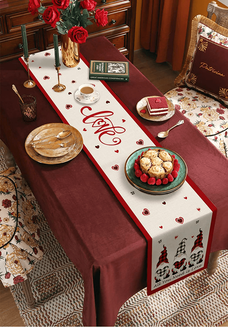 Valentines Table Runner 36 Inches Long Valentines Day Buffalo Plaid Gnome Red Heart Pattern Table Runners for Coffee Table Dinning Table Wedding Party Birthday Decor 13X36In Home & Garden > Decor > Seasonal & Holiday Decorations Bingigo   