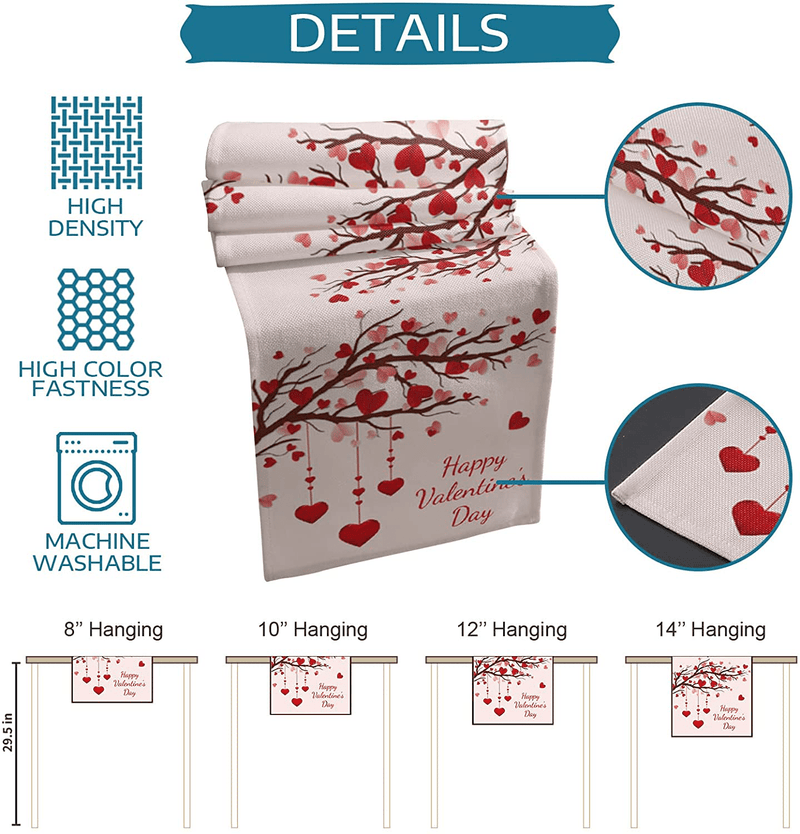 Valentines Table Runner - Cotton Linen 36 Inch, Heart Love Valentine Branches Pink Bed Runner Dress Scarves, Happy Valentine'S Day Tablerunner for Dining/Holiday/Coffee Table 13" X 36" Home & Garden > Decor > Seasonal & Holiday Decorations Ldtrchee   