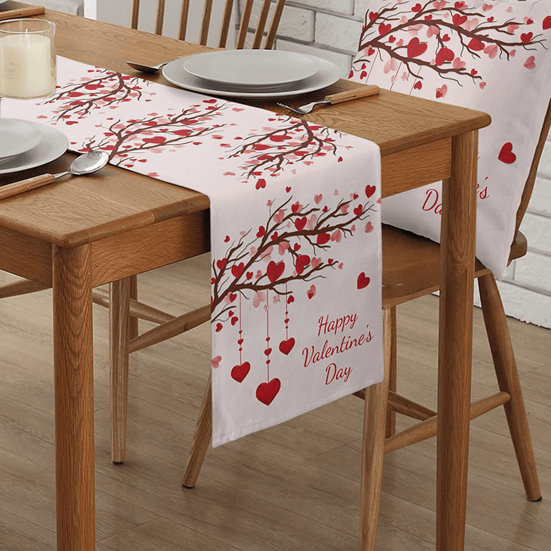 Valentines Table Runner - Cotton Linen 36 Inch, Heart Love Valentine Branches Pink Bed Runner Dress Scarves, Happy Valentine'S Day Tablerunner for Dining/Holiday/Coffee Table 13" X 36" Home & Garden > Decor > Seasonal & Holiday Decorations Ldtrchee   