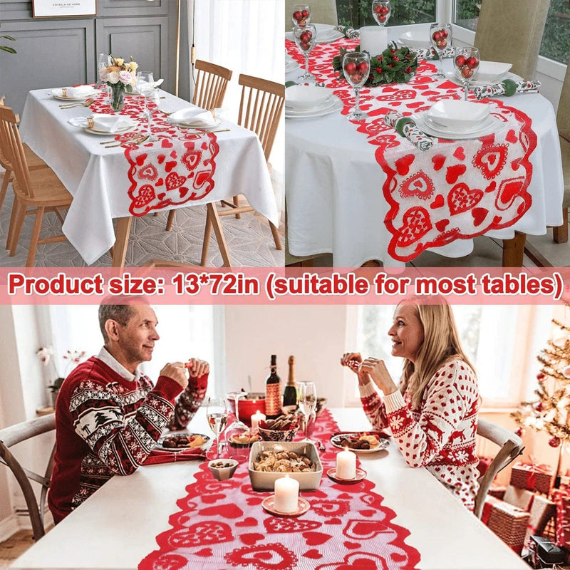 Valentines Table Runner Red Heart Print Valentines Day Decorations 13X72 Inches Lace Love Table Runner for Home Wedding Party Valentines Day Table Decorations Long Valentines Table Line for Dinner Home & Garden > Decor > Seasonal & Holiday Decorations Camlinbo   
