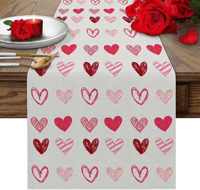 Valentines Table Runner Simple Heart Shapes Hand Draw Table Linens Cotton Non-Slip Runners for Home Kitchen Party Wedding Decorations 13" X 70",Love Heart Decoration Home & Garden > Decor > Seasonal & Holiday Decorations TweetyBed Love8953 16" x 72" 