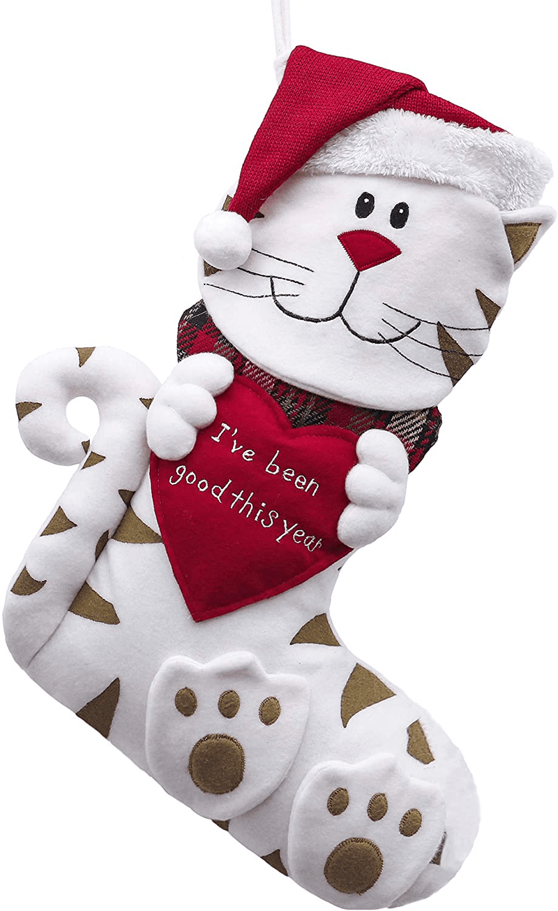 Valery Madelyn 21 Inch Large Joyful Pet Christmas Stockings Decorations Personalized Hanging Ornamnets with 3D Cat and Christmas Hat for Xmas Gifts (Pet Collection)