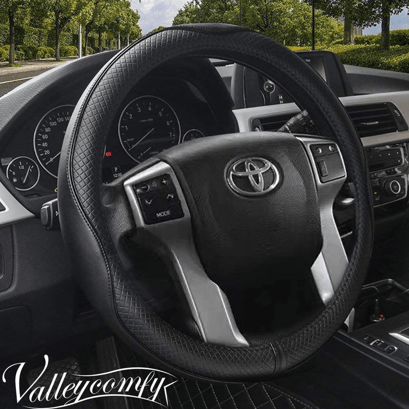 Valleycomfy 15.75 inch Auto Car Steering Wheel Covers Black with Black Lines- Genuine Leather for F-150 Tundra Range Rover. Vehicles & Parts > Vehicle Parts & Accessories > Vehicle Maintenance, Care & Decor > Vehicle Decor > Vehicle Steering Wheel Covers Valleycomfy Black with Black Lines L(15"1/2-16") 