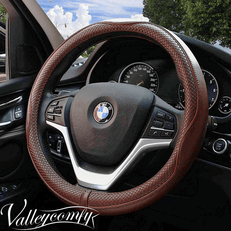 Valleycomfy 15.75 inch Auto Car Steering Wheel Covers Black with Black Lines- Genuine Leather for F-150 Tundra Range Rover. Vehicles & Parts > Vehicle Parts & Accessories > Vehicle Maintenance, Care & Decor > Vehicle Decor > Vehicle Steering Wheel Covers Valleycomfy Coffee M(14"1/2-15"1/4) 